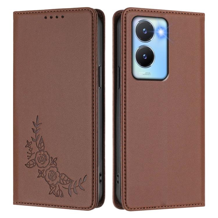 For vivo Y56 5G / Y16 4G / Y02s 4G Peony Embossed Magnetic RFID Vegan Leather Phone Case