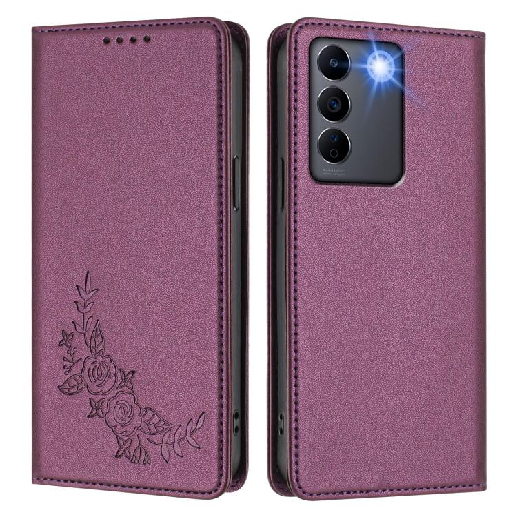 For vivo V27 / V27 Pro 5G Global Peony Embossed Magnetic RFID Vegan Leather Phone Case