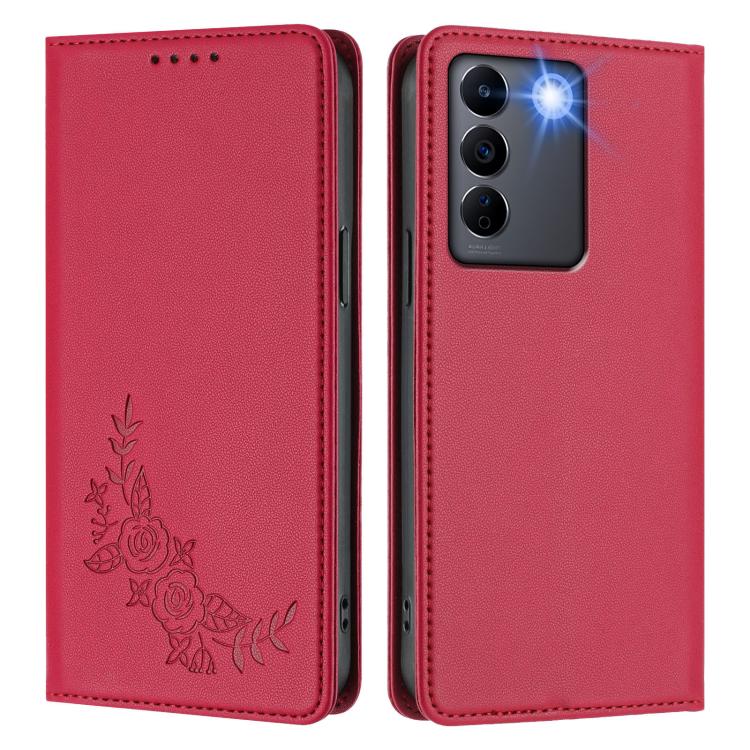 For vivo V27 / V27 Pro 5G Global Peony Embossed Magnetic RFID Vegan Leather Phone Case