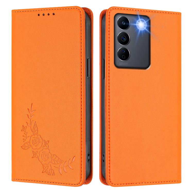 For vivo V27 / V27 Pro 5G Global Peony Embossed Magnetic RFID Vegan Leather Phone Case