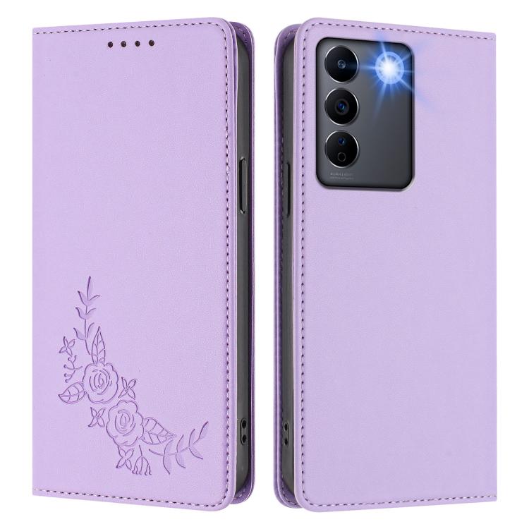 For vivo V27 / V27 Pro 5G Global Peony Embossed Magnetic RFID Vegan Leather Phone Case