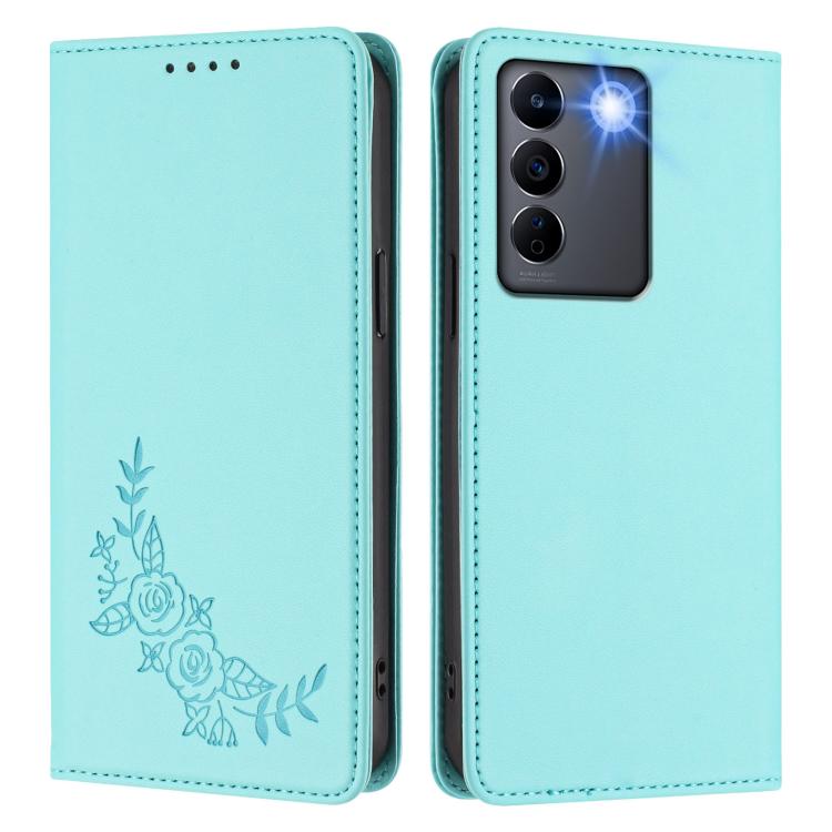 For vivo V27 / V27 Pro 5G Global Peony Embossed Magnetic RFID Vegan Leather Phone Case