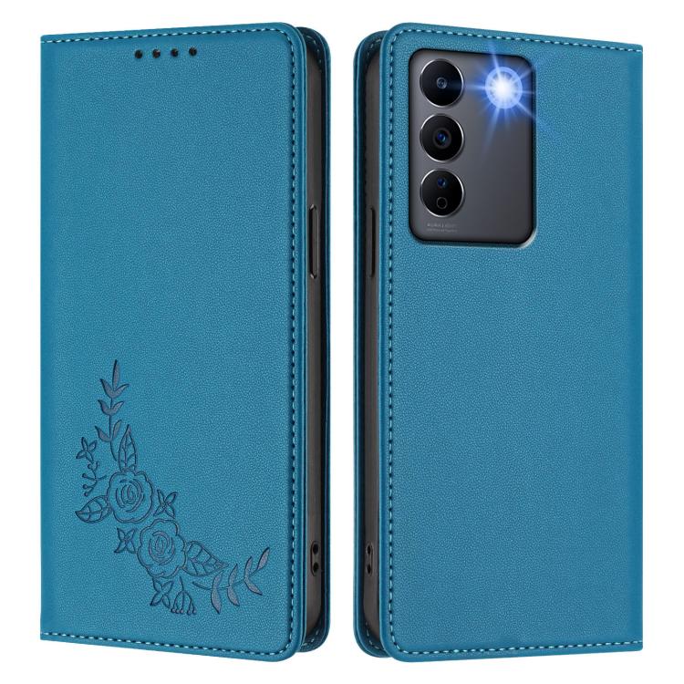 For vivo V27 / V27 Pro 5G Global Peony Embossed Magnetic RFID Vegan Leather Phone Case