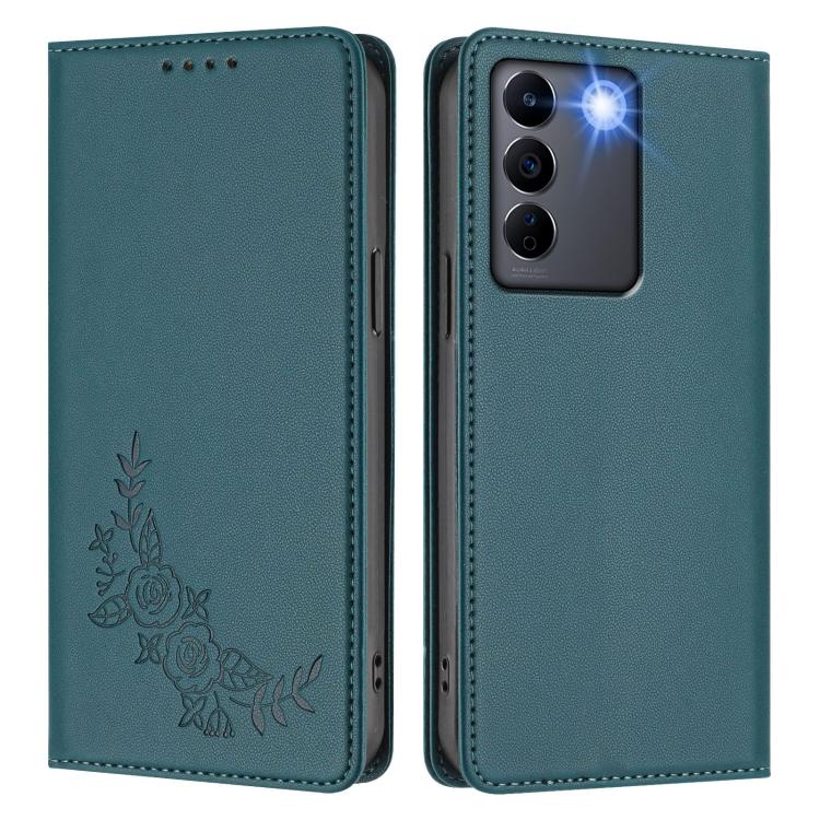 For vivo V27 / V27 Pro 5G Global Peony Embossed Magnetic RFID Vegan Leather Phone Case
