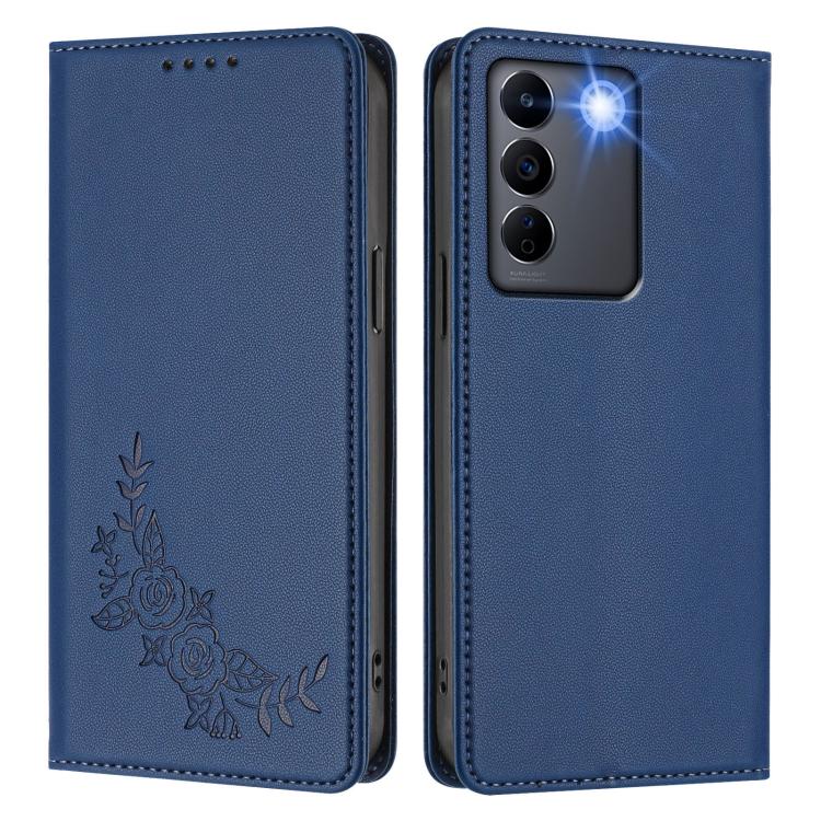 For vivo V27 / V27 Pro 5G Global Peony Embossed Magnetic RFID Vegan Leather Phone Case