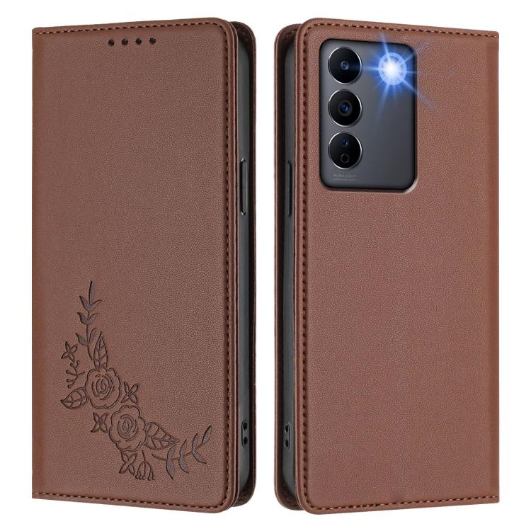 For vivo V27 / V27 Pro 5G Global Peony Embossed Magnetic RFID Vegan Leather Phone Case