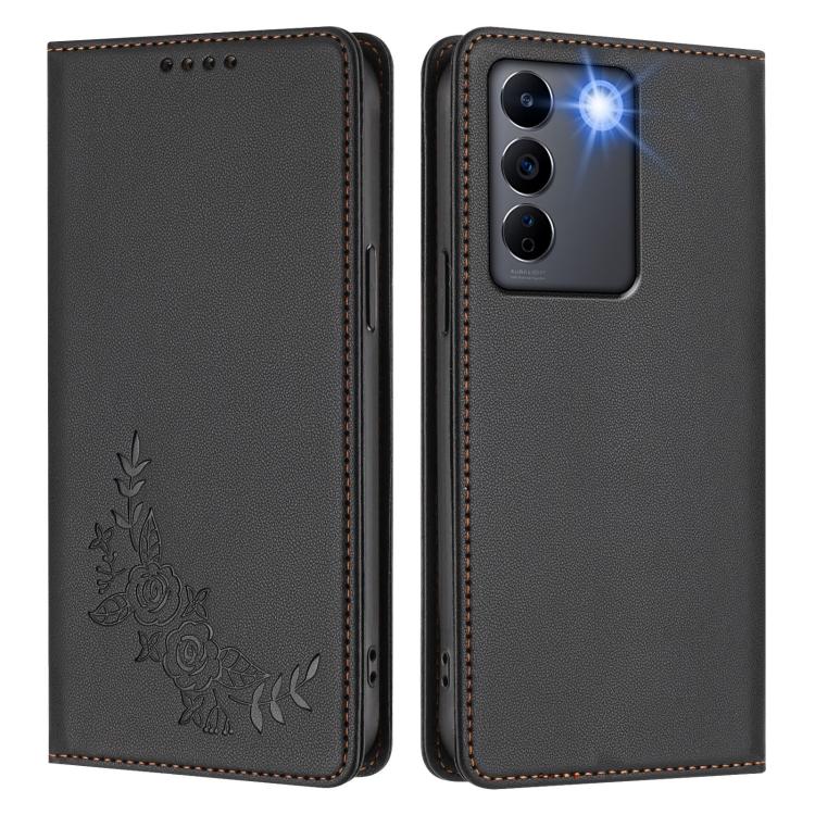 For vivo V27 / V27 Pro 5G Global Peony Embossed Magnetic RFID Vegan Leather Phone Case