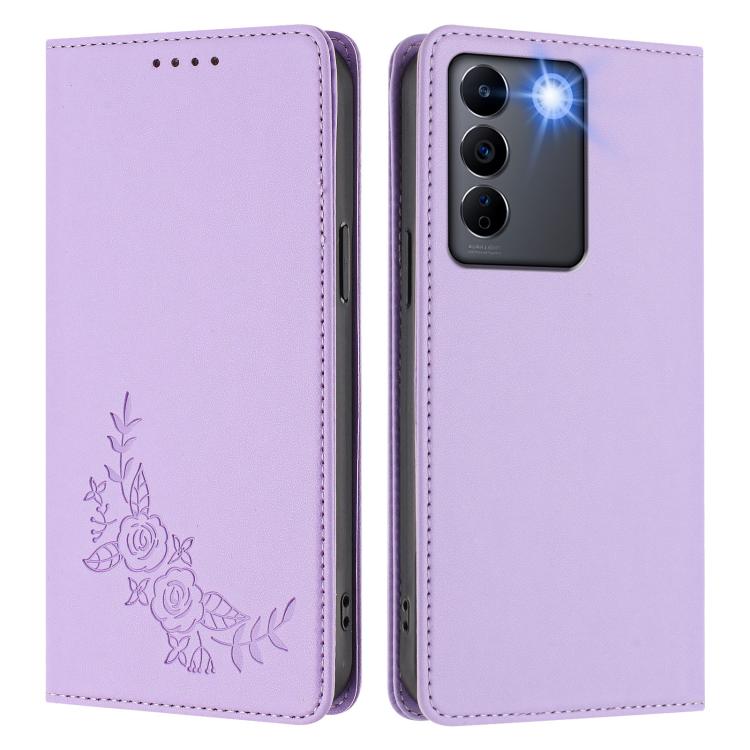 For vivo V27e 4G / T2 4G Global Peony Embossed Magnetic RFID Vegan Leather Phone Case