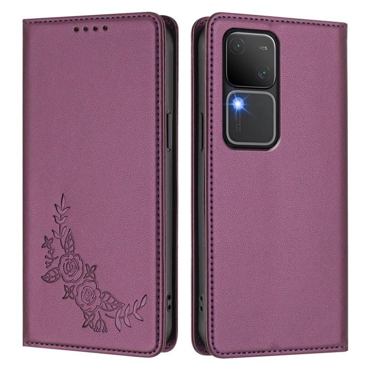 For vivo V30 / V30 Pro 5G Global Peony Embossed Magnetic RFID Vegan Leather Phone Case