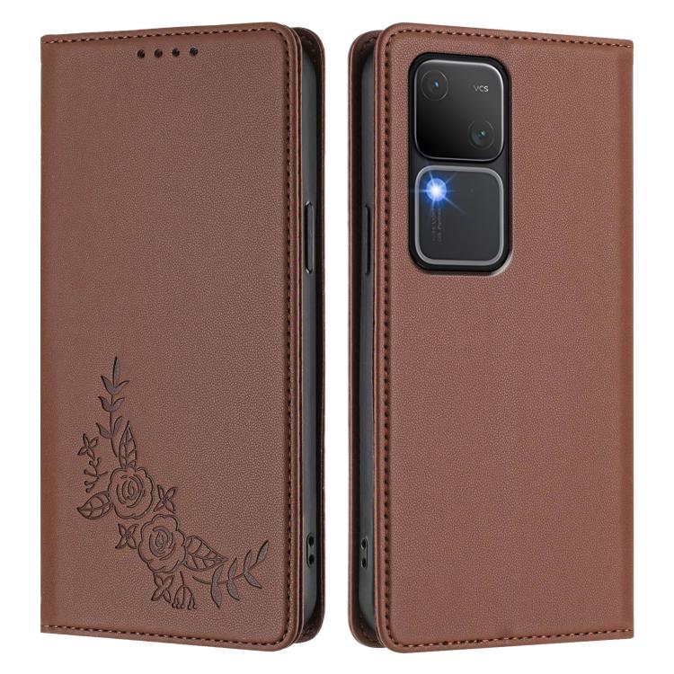 For vivo V30 / V30 Pro 5G Global Peony Embossed Magnetic RFID Vegan Leather Phone Case