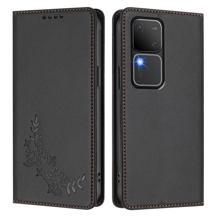 For vivo V30 / V30 Pro 5G Global Peony Embossed Magnetic RFID Vegan Leather Phone Case