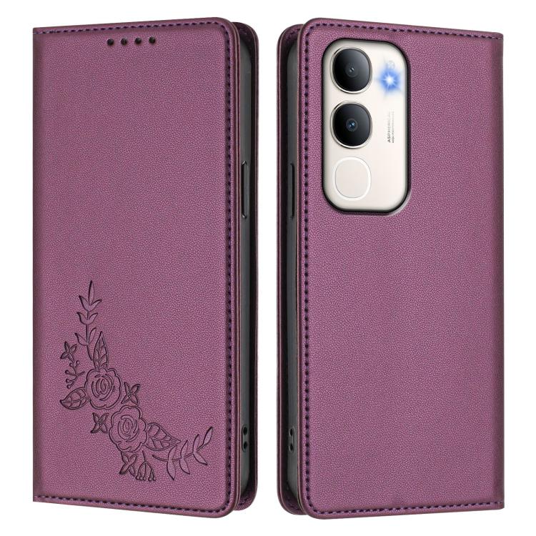 For vivo Y50 / Y50s / Y50e 5G Peony Embossed Magnetic RFID Vegan Leather Phone Case