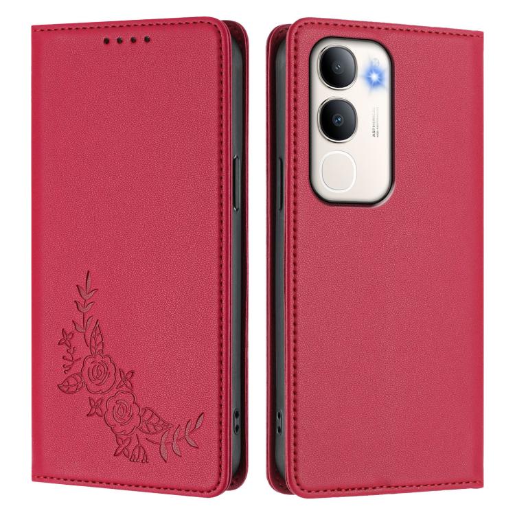 For vivo Y50 / Y50s / Y50e 5G Peony Embossed Magnetic RFID Vegan Leather Phone Case
