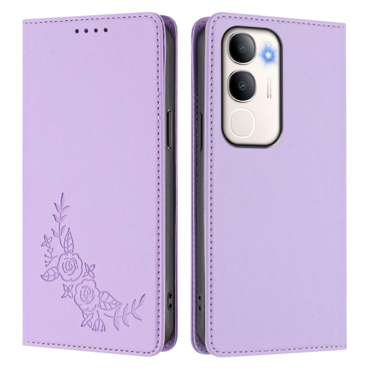 For vivo Y50 / Y50s / Y50e 5G Peony Embossed Magnetic RFID Vegan Leather Phone Case