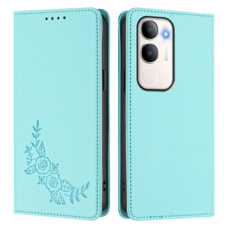 For vivo Y50 / Y50s / Y50e 5G Peony Embossed Magnetic RFID Vegan Leather Phone Case