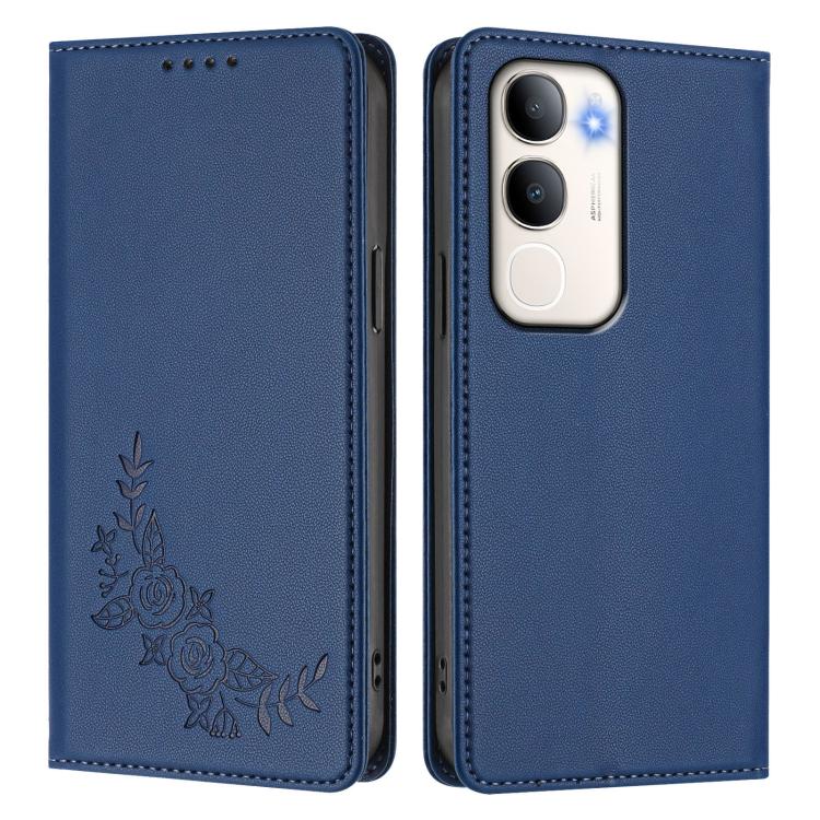 For vivo Y50 / Y50s / Y50e 5G Peony Embossed Magnetic RFID Vegan Leather Phone Case