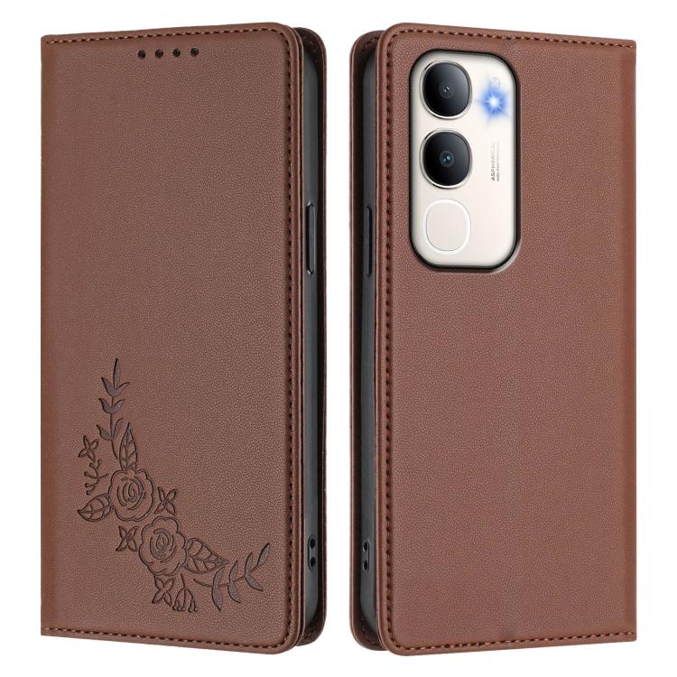 For vivo Y50 / Y50s / Y50e 5G Peony Embossed Magnetic RFID Vegan Leather Phone Case
