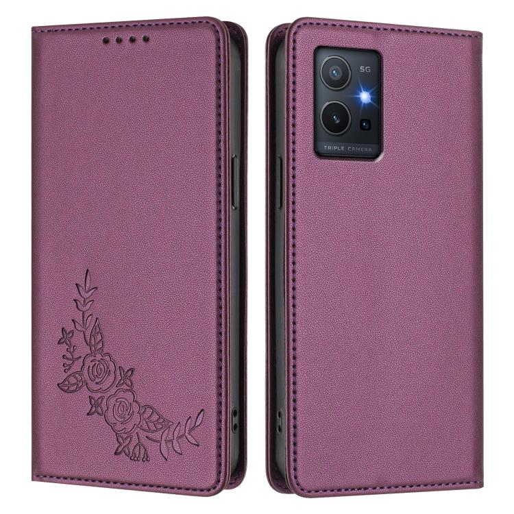 For vivo Y55s / Y55 / Y75 5G Peony Embossed Magnetic RFID Vegan Leather Phone Case