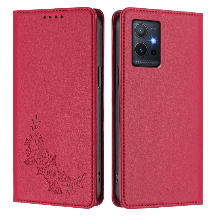 For vivo Y55s / Y55 / Y75 5G Peony Embossed Magnetic RFID Vegan Leather Phone Case