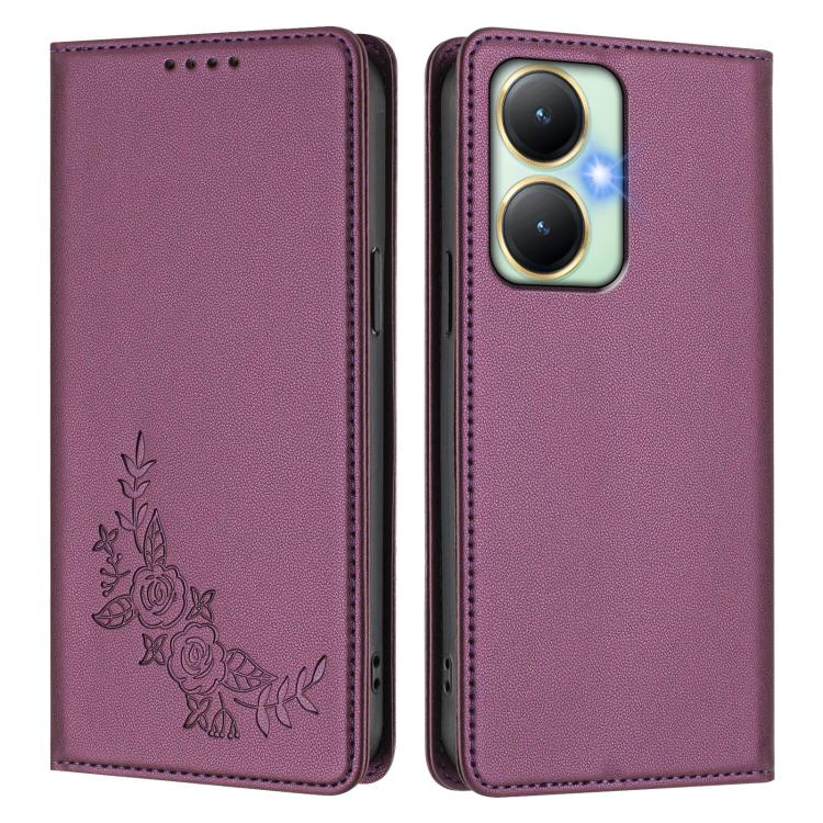 For vivo Y27 4G / 5G 2023 Global Peony Embossed Magnetic RFID Vegan Leather Phone Case