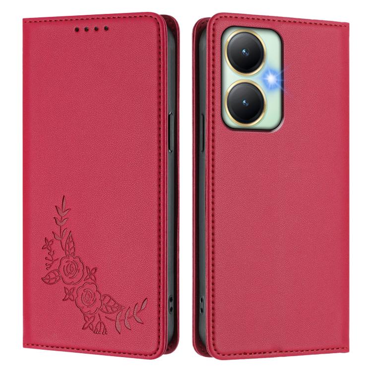 For vivo Y27 4G / 5G 2023 Global Peony Embossed Magnetic RFID Vegan Leather Phone Case