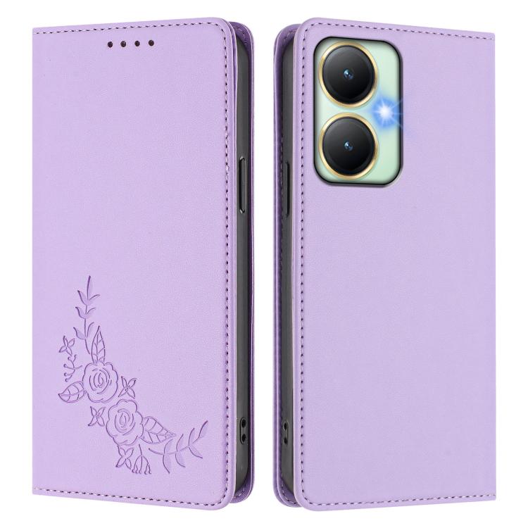 For vivo Y27 4G / 5G 2023 Global Peony Embossed Magnetic RFID Vegan Leather Phone Case