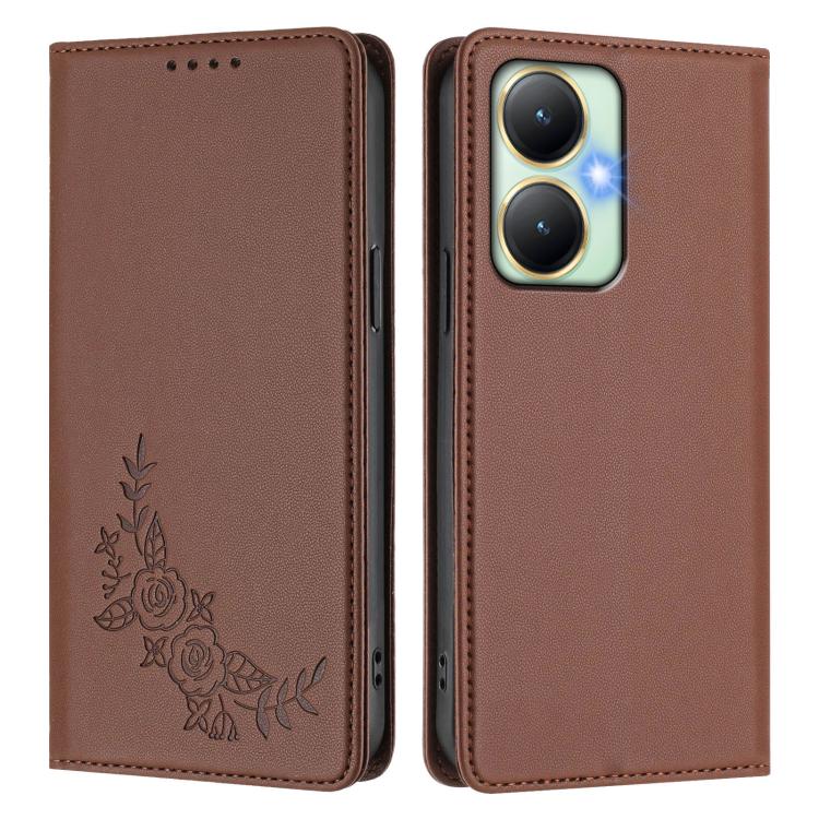 For vivo Y27 4G / 5G 2023 Global Peony Embossed Magnetic RFID Vegan Leather Phone Case