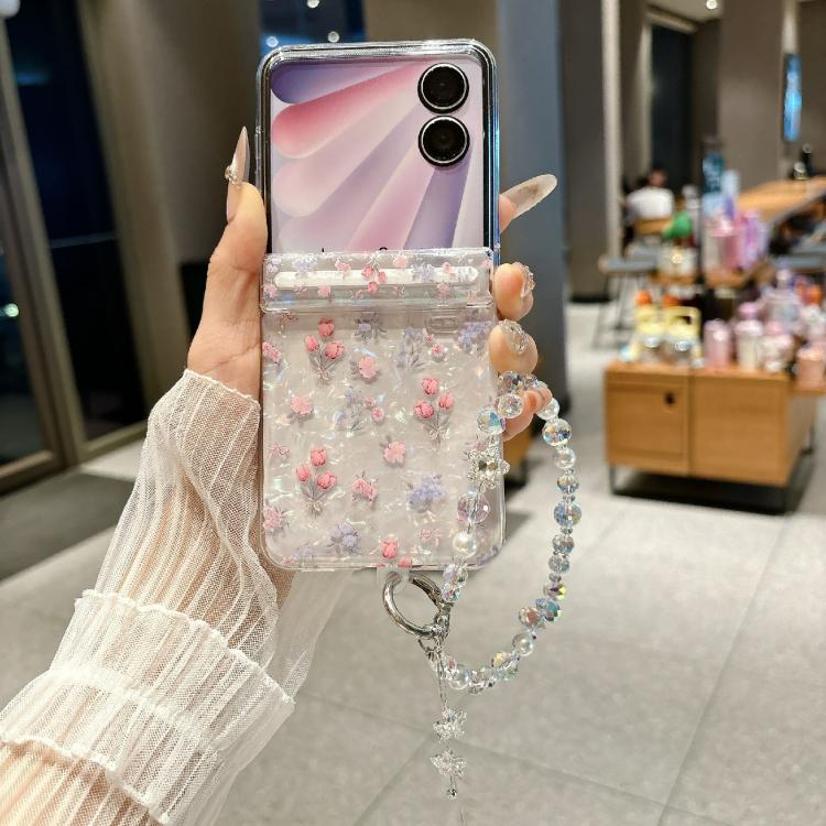 For Honor Magic V Flip 2 Fresh Floral Shell Glitter Magnetic Shockproof Phone Case with Bracelet