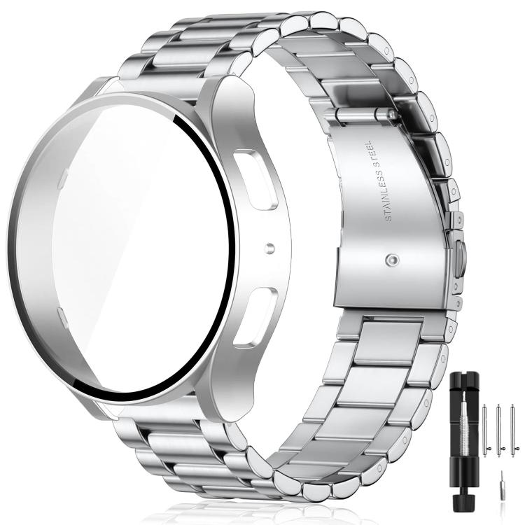 For Samsung Galaxy Watch5 44mm Tri-Beads Stainless Steel Watch Band with Film Integrated PC Case and Strap Link Remover Set