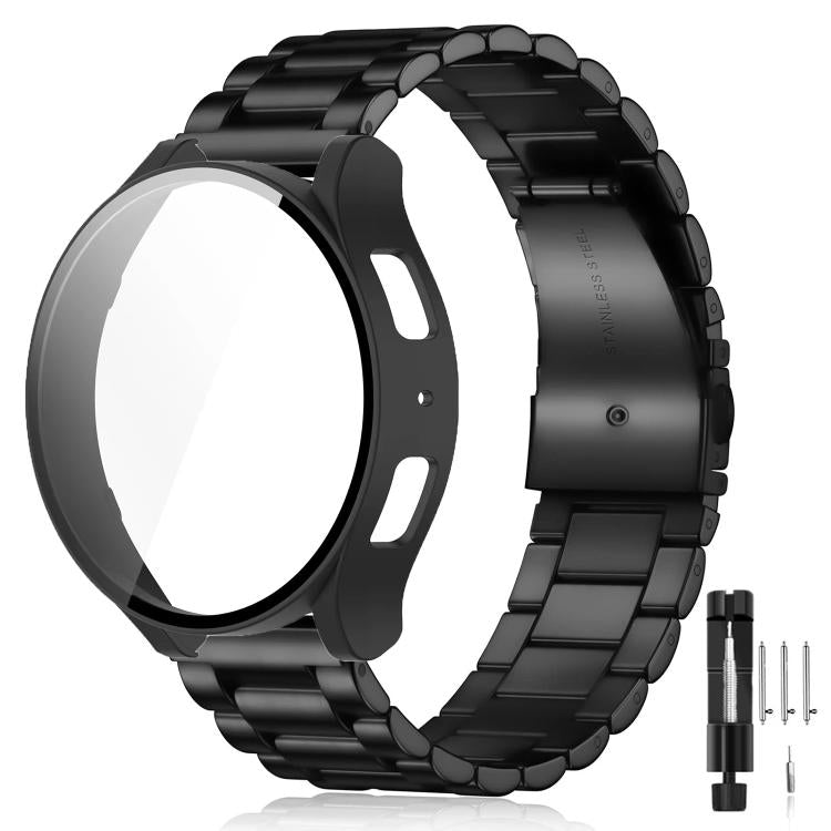 For Samsung Galaxy Watch4 44mm Tri-Beads Stainless Steel Watch Band with Film Integrated PC Case and Strap Link Remover Set