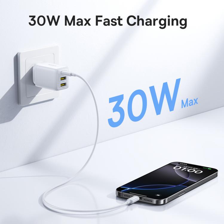 Baseus EnerFill FE11 Dual USB-A, Type-C 30W Fast Charger, AU Plug - White