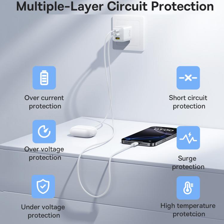 Baseus EnerFill FE11 Dual USB-A, Type-C 30W Fast Charger, AU Plug - White
