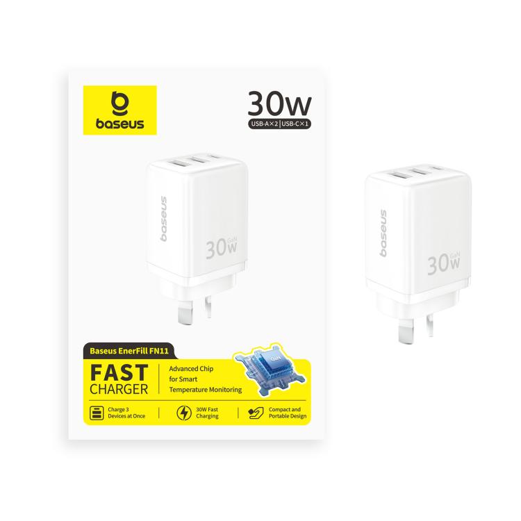 Baseus EnerFill FE11 Dual USB-A, Type-C 30W Fast Charger, AU Plug - White
