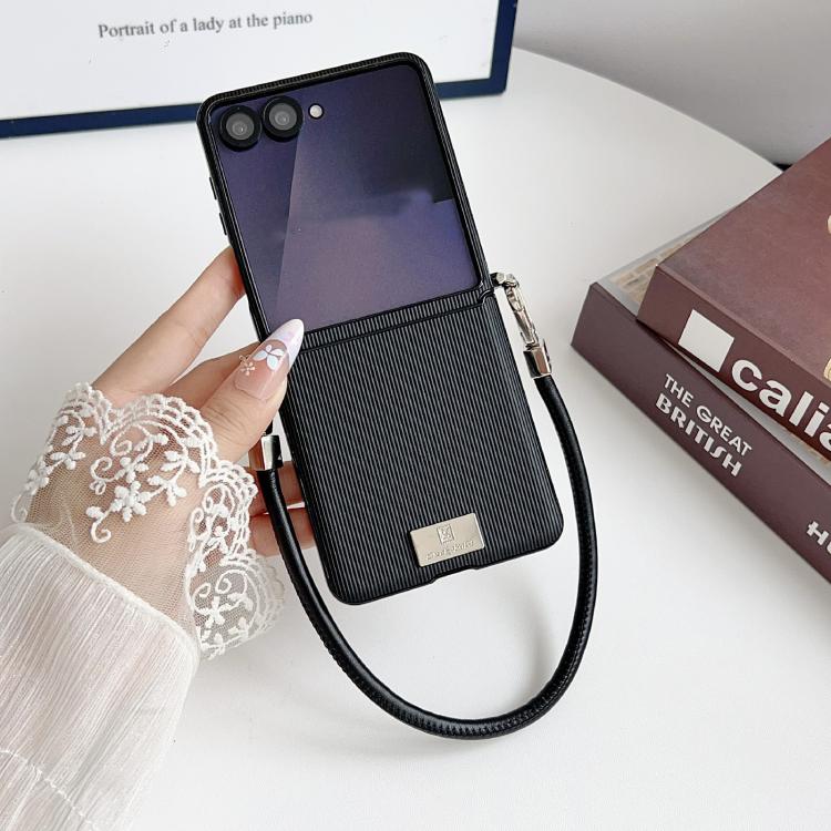 For Samsung Galaxy Z Flip7 5G Vertical Texture Side Buckle Nameplate Inlay Phone Case with Strap