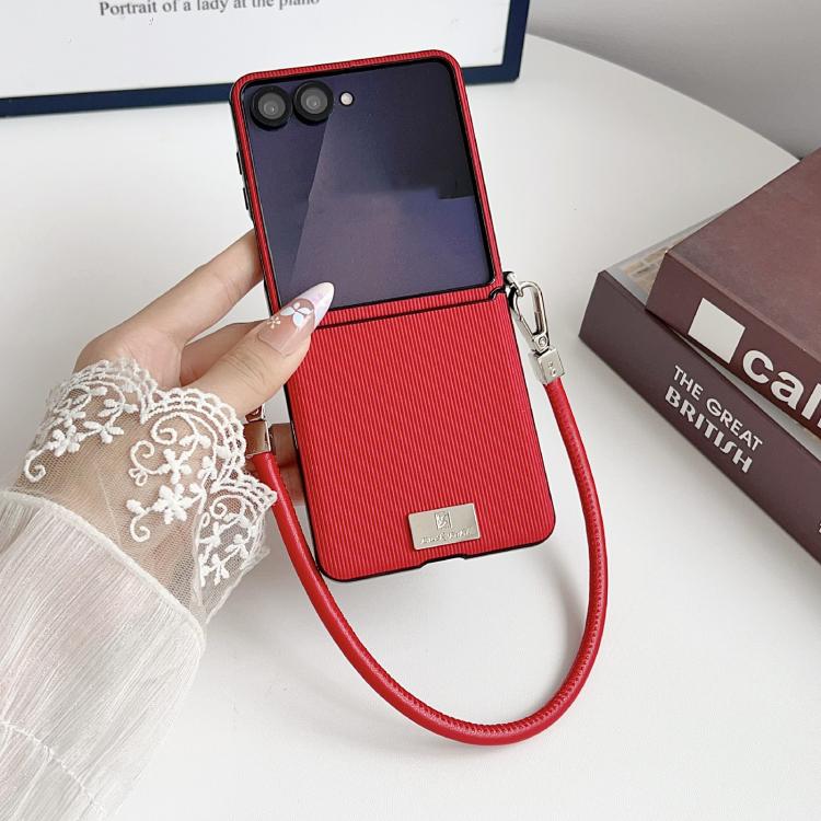 For Samsung Galaxy Z Flip7 5G Vertical Texture Side Buckle Nameplate Inlay Phone Case with Strap