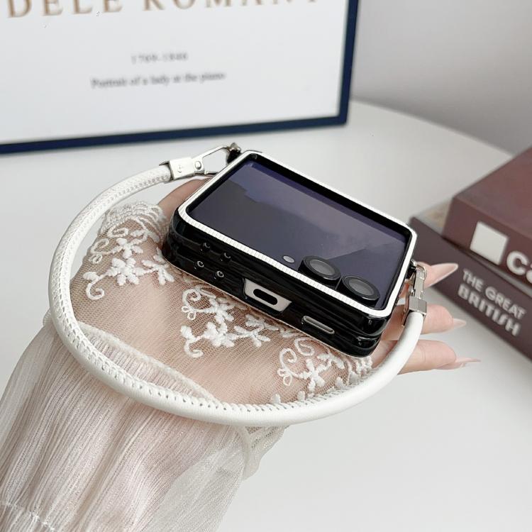 For Samsung Galaxy Z Flip7 5G Vertical Texture Side Buckle Nameplate Inlay Phone Case with Strap