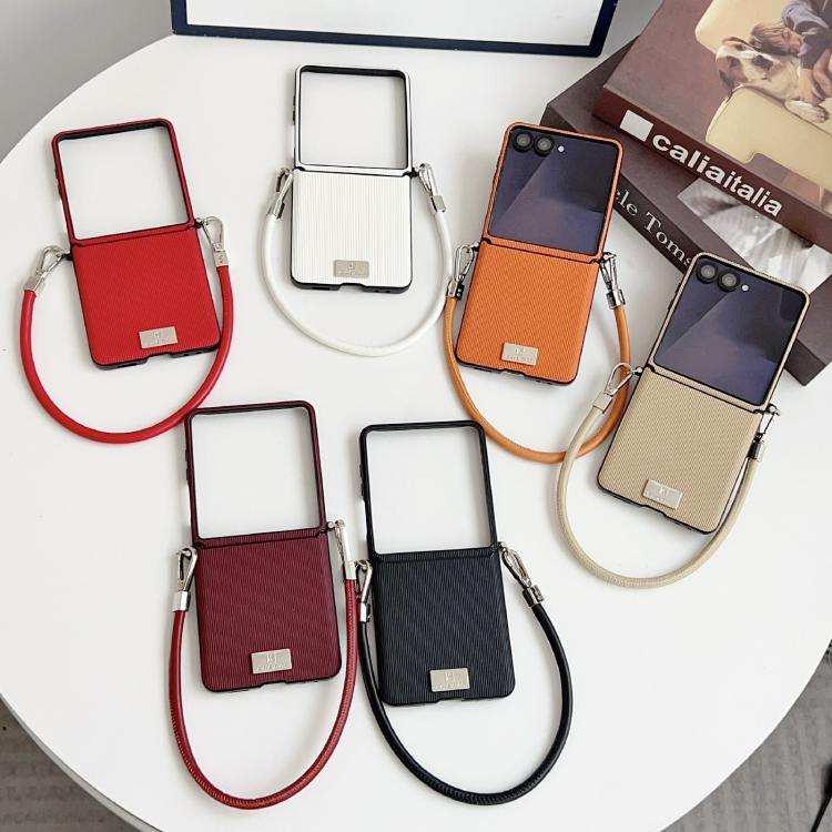 For Samsung Galaxy Z Flip7 5G Vertical Texture Side Buckle Nameplate Inlay Phone Case with Strap