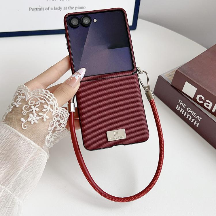 For Samsung Galaxy Z Flip7 5G Vertical Texture Side Buckle Nameplate Inlay Phone Case with Strap