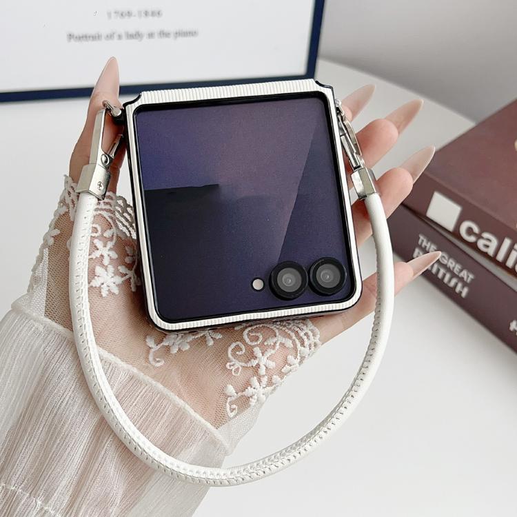 For Samsung Galaxy Z Flip7 5G Vertical Texture Side Buckle Nameplate Inlay Phone Case with Strap