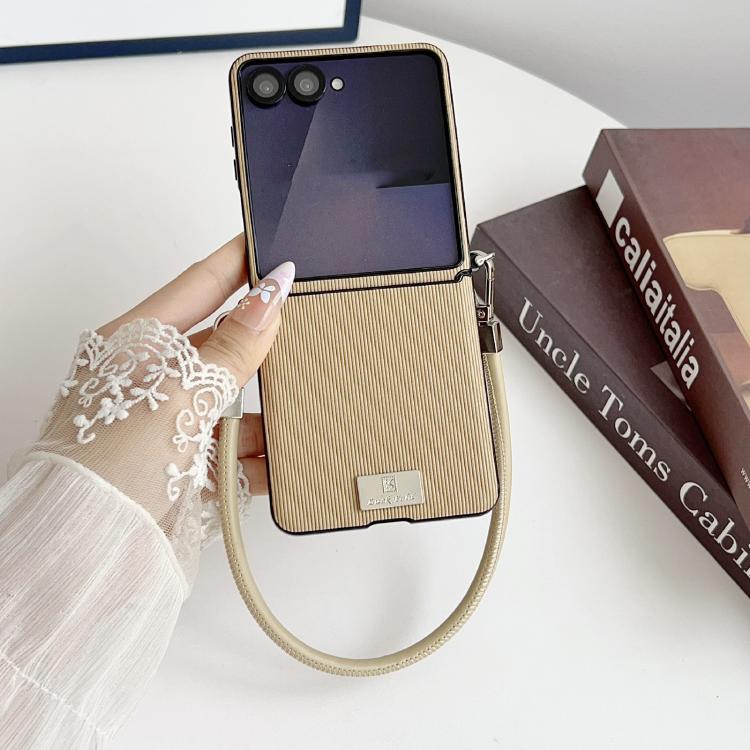 For Samsung Galaxy Z Flip7 5G Vertical Texture Side Buckle Nameplate Inlay Phone Case with Strap