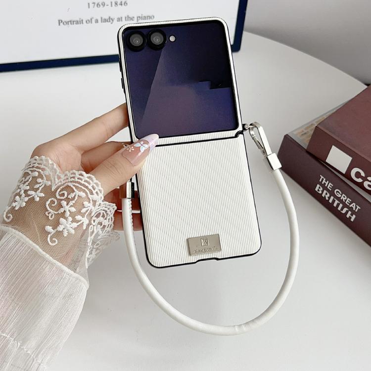 For Samsung Galaxy Z Flip7 5G Vertical Texture Side Buckle Nameplate Inlay Phone Case with Strap