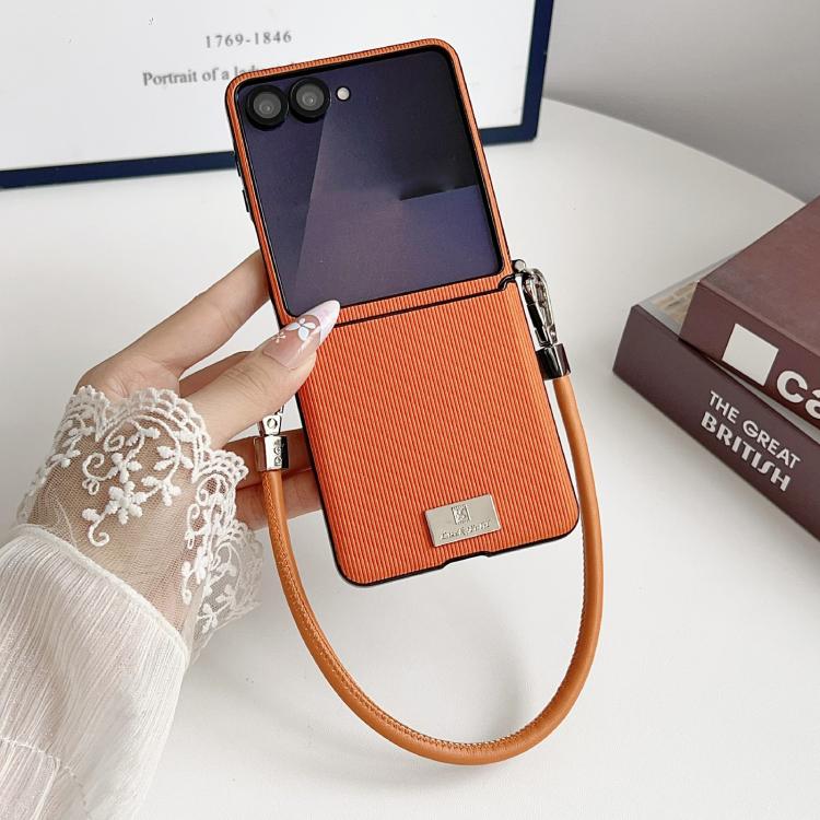 For Samsung Galaxy Z Flip7 5G Vertical Texture Side Buckle Nameplate Inlay Phone Case with Strap