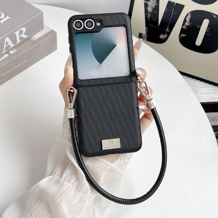 For Samsung Galaxy Z Flip5 Vertical Texture Side Buckle Nameplate Inlay Phone Case with Strap
