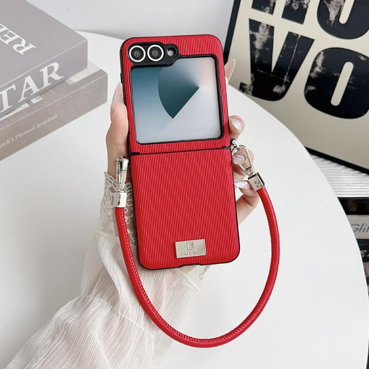 For Samsung Galaxy Z Flip5 Vertical Texture Side Buckle Nameplate Inlay Phone Case with Strap