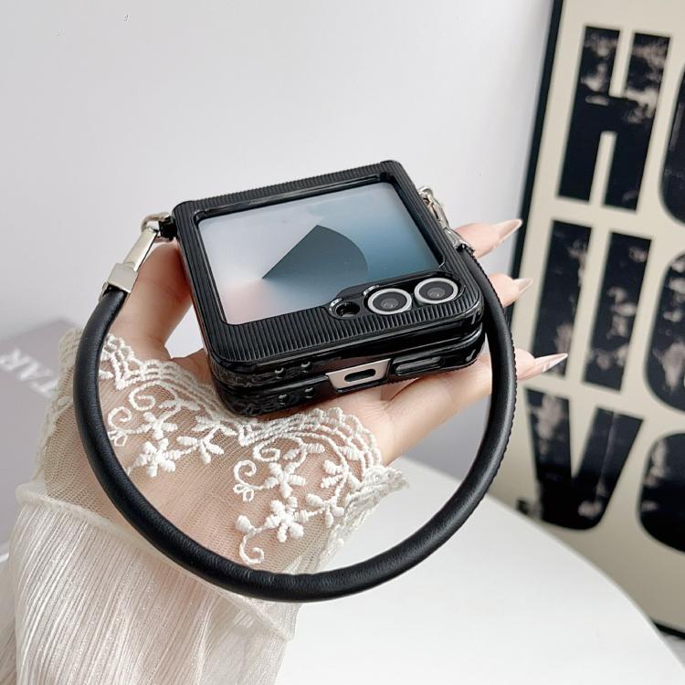 For Samsung Galaxy Z Flip5 Vertical Texture Side Buckle Nameplate Inlay Phone Case with Strap