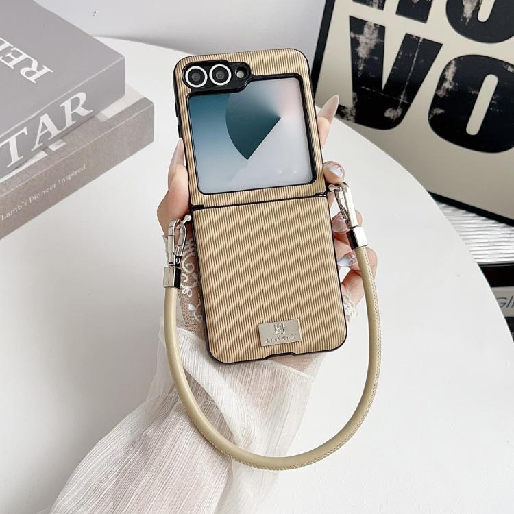 For Samsung Galaxy Z Flip5 Vertical Texture Side Buckle Nameplate Inlay Phone Case with Strap