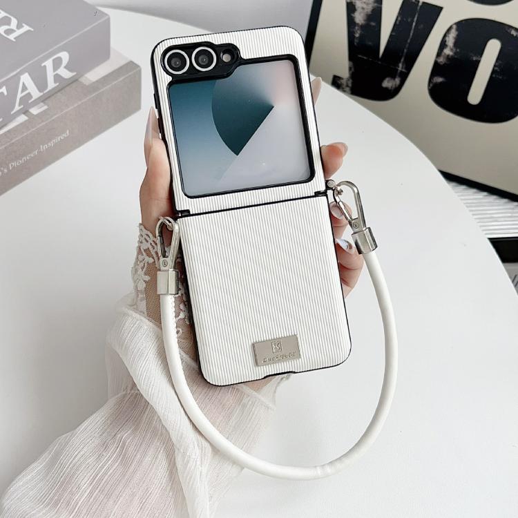 For Samsung Galaxy Z Flip5 Vertical Texture Side Buckle Nameplate Inlay Phone Case with Strap