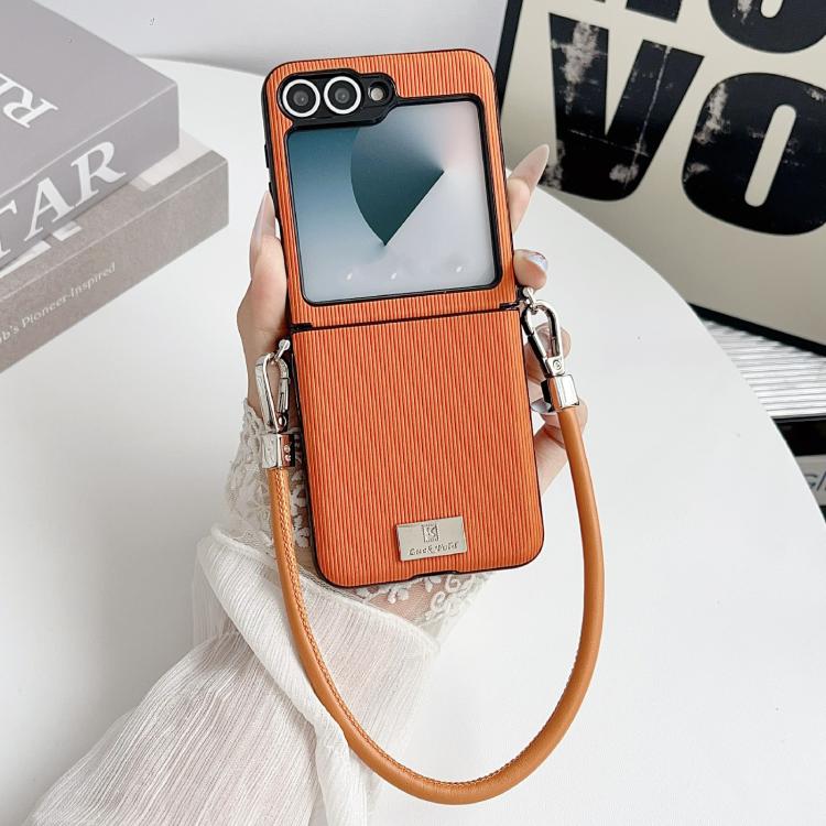 For Samsung Galaxy Z Flip5 Vertical Texture Side Buckle Nameplate Inlay Phone Case with Strap