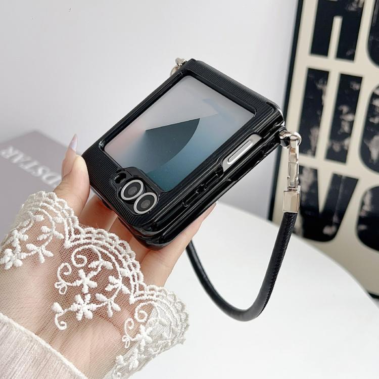 For Samsung Galaxy Z Flip5 Vertical Texture Side Buckle Nameplate Inlay Phone Case with Strap