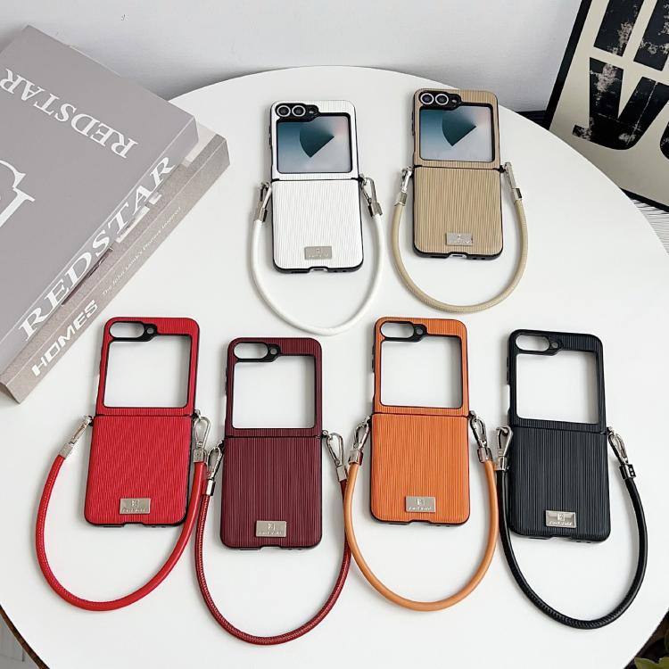 For Samsung Galaxy Z Flip5 Vertical Texture Side Buckle Nameplate Inlay Phone Case with Strap